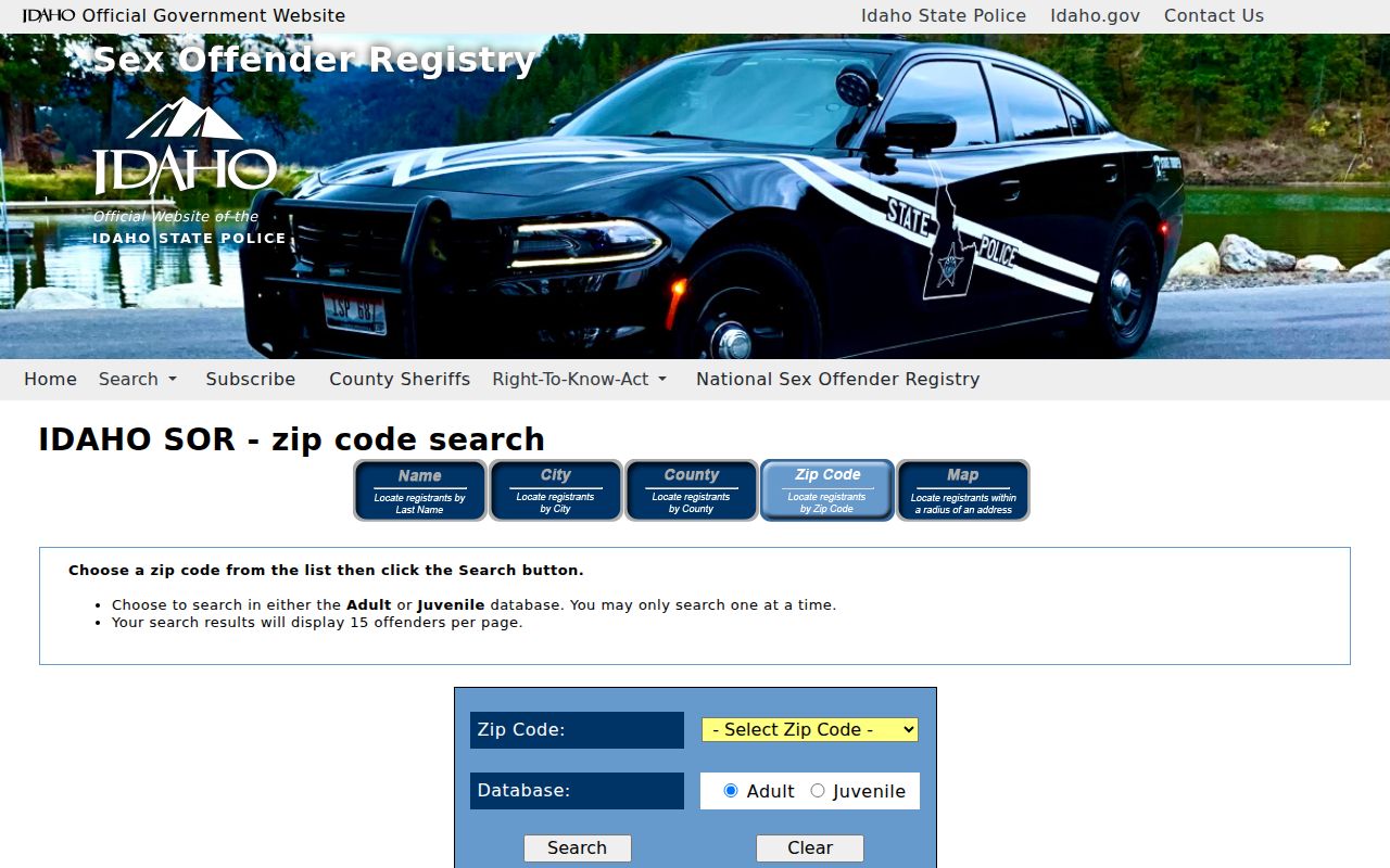 Idaho offender registry ZIP search for lawful public safety use