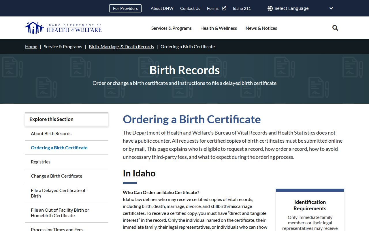 Idaho birth certificate ordering and eligibility page