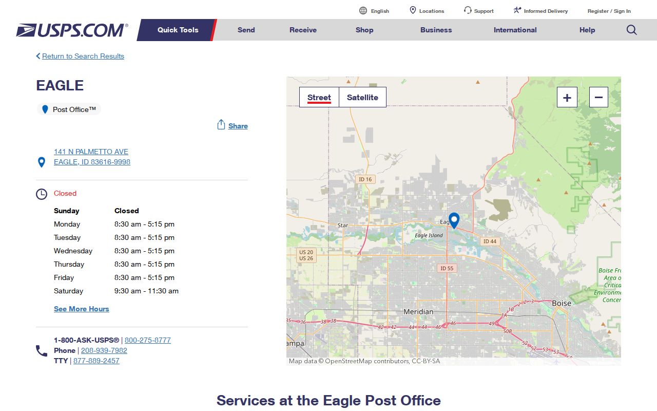 USPS Eagle Post Office page showing ZIP code 83616